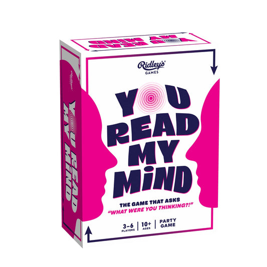 You Read My Mind party game box with pink profiles, bold black text, and white background.