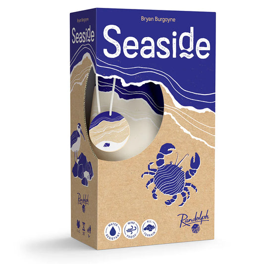 Seaside board game box with blue waves, crab graphic, and waterproof beach-themed packaging.