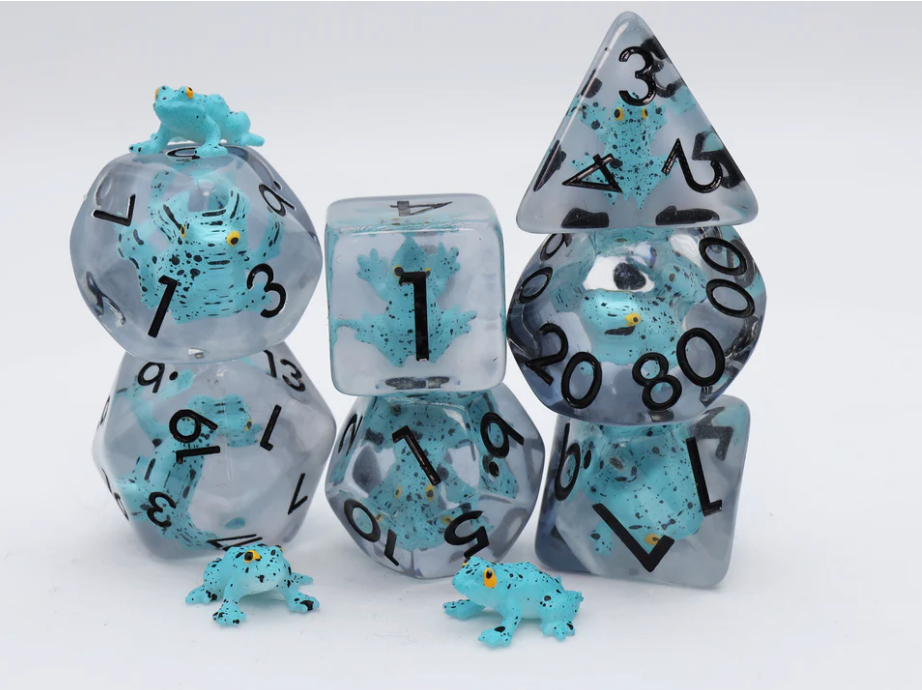 Blue Poison Frog RPG Dice Set featuring blue-black resin polyhedral dice with small blue frog figures.