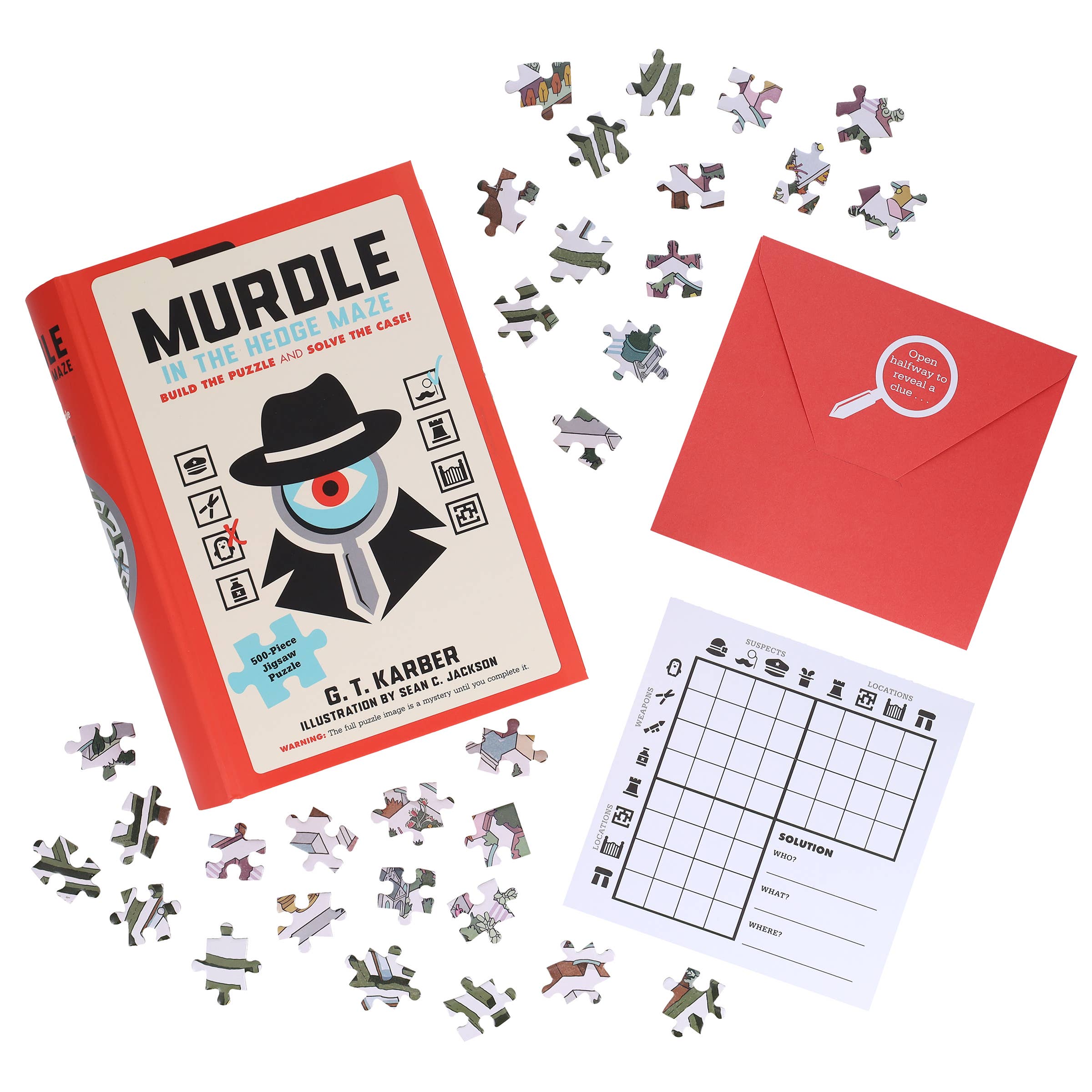 The Murdle in the Hedge Maze 500-piece jigsaw puzzle and accessories on a white surface.