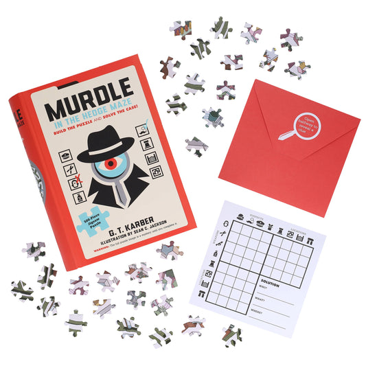 The Murdle in the Hedge Maze 500-piece jigsaw puzzle and accessories on a white surface.