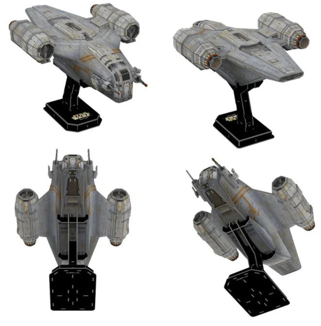 4D Star Wars The Mandalorian Razor Crest gray model on black stand, displayed from four angles on white background.