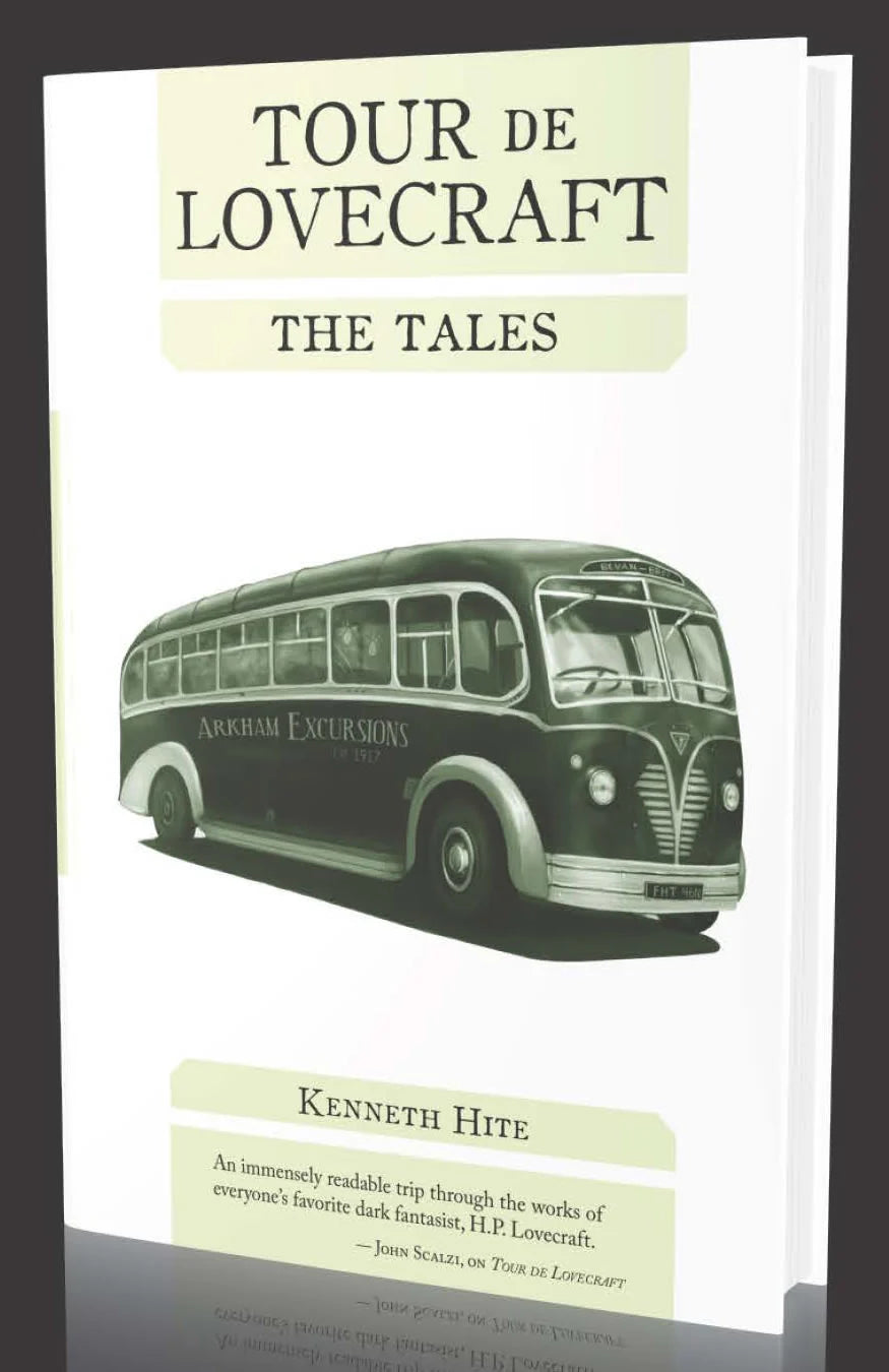Tour de Lovecraft: The Tales book cover showing a vintage bus with cosmic horror motifs.