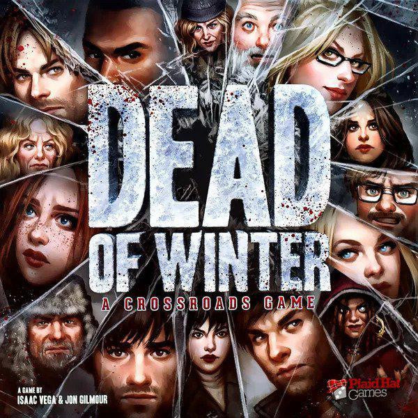 Dead of Winter board game with title at center, surrounded by illustrated faces and shattered glass motif.