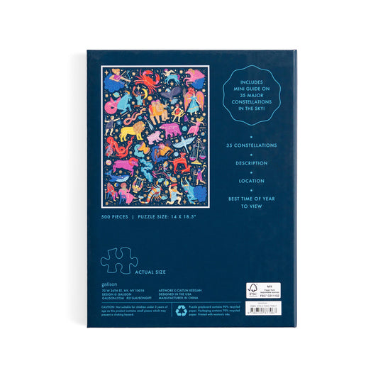 Back of Constellations 101: Stargazing 500 Piece Book Puzzle box showing constellation designs and details.