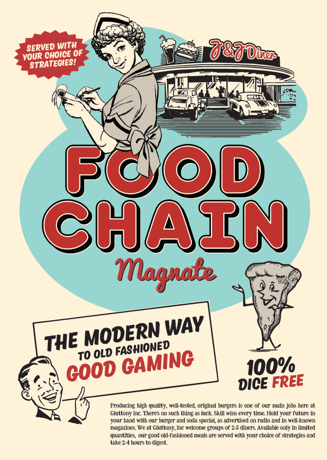 Food Chain Magnate 2nd Edition board game displayed with retro-themed poster design.