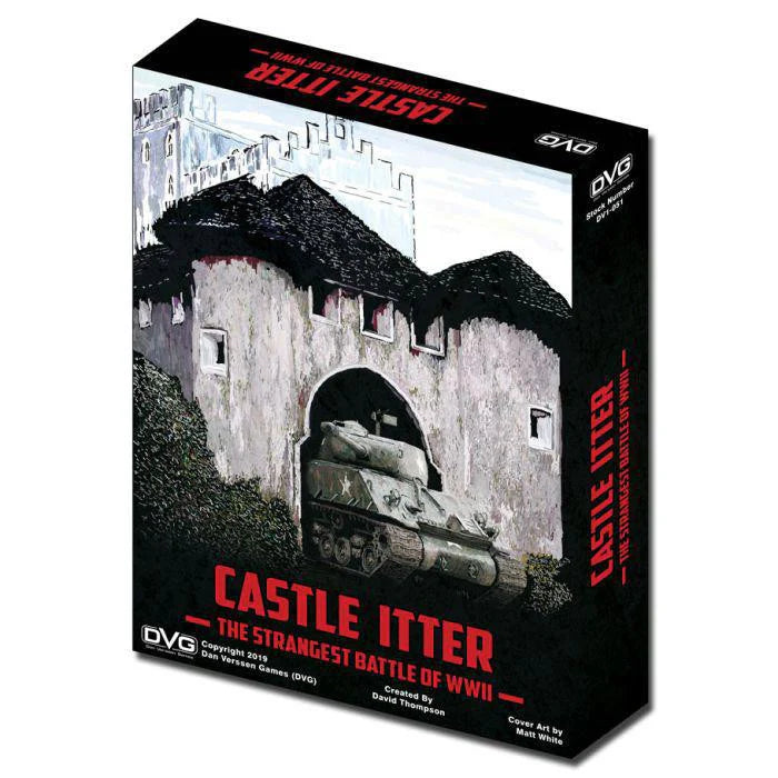Castle Itter board game box featuring a tank, castle, and bold red and white text.