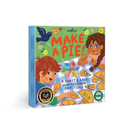 The Make a Pie Game for ages 5+ includes colorful pie pieces to teach fractions; bird illustration appears on the box.