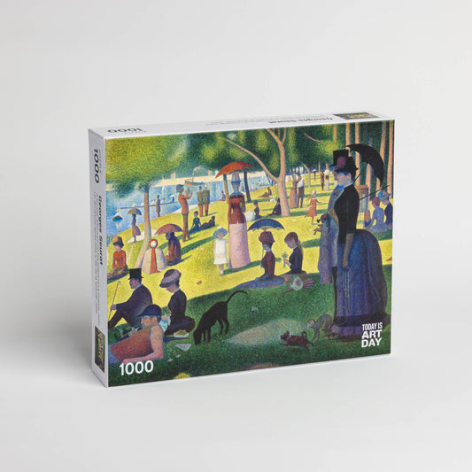 1000-piece puzzle featuring Georges Seurats Sunday Afternoon pointillist painting.