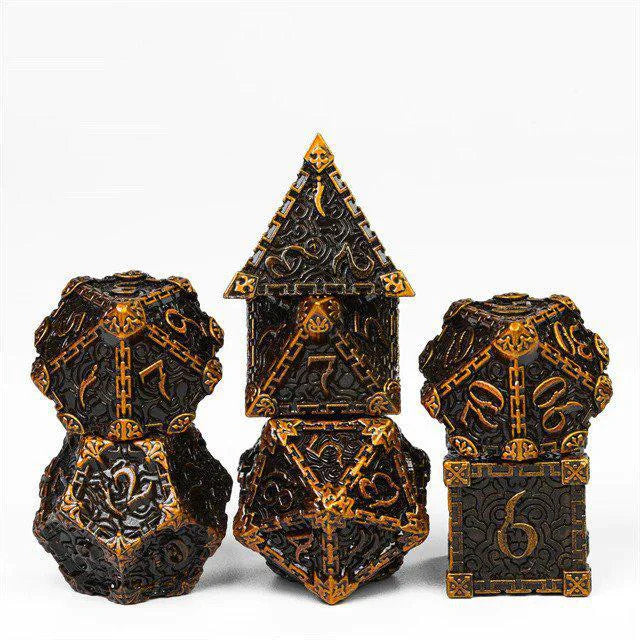 The Dagger of Venom: Purple RPG Metal Dice Set with black and gold geometric metal dice on a white background.
