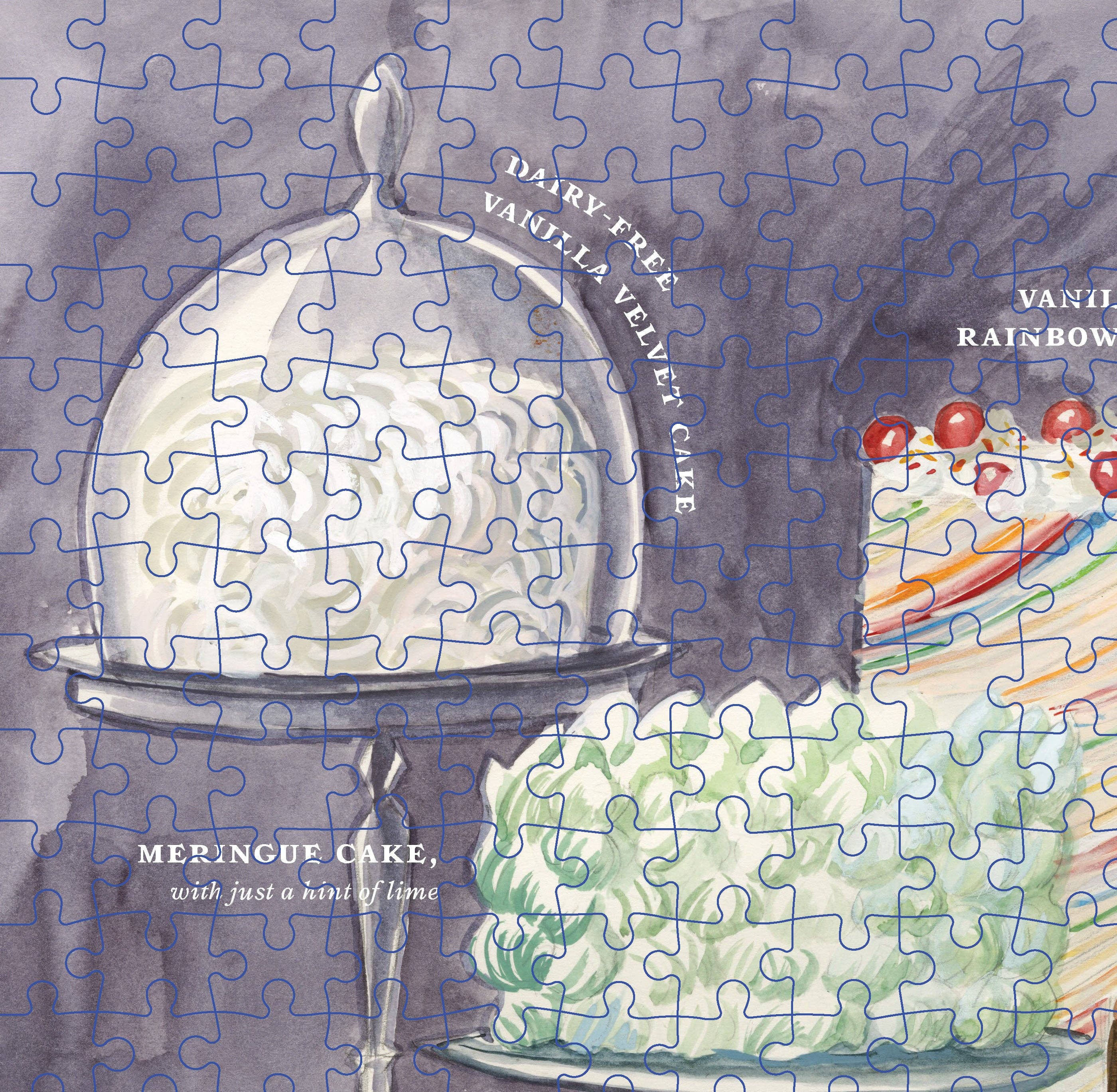 Murder Most Puzzling: Poisoned Patisserie 500-piece puzzle featuring cakes under glass domes illustration.