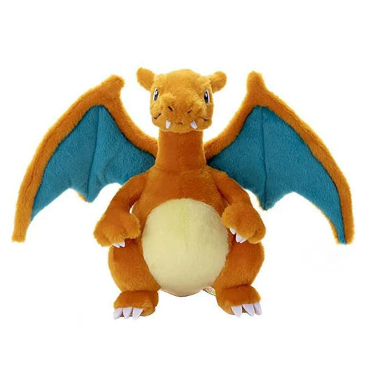 Charizard plush toy, orange with blue wings and yellow belly, standing upright.