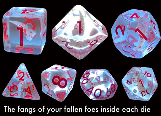 The Fang Dice Set: seven transparent polyhedral dice with red numbers and small floor teeth shapes inside.