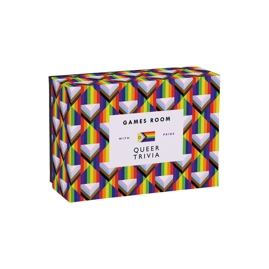 Queer Trivia game box featuring LGBTQIA+ trivia, with rainbow geometric design on packaging.
