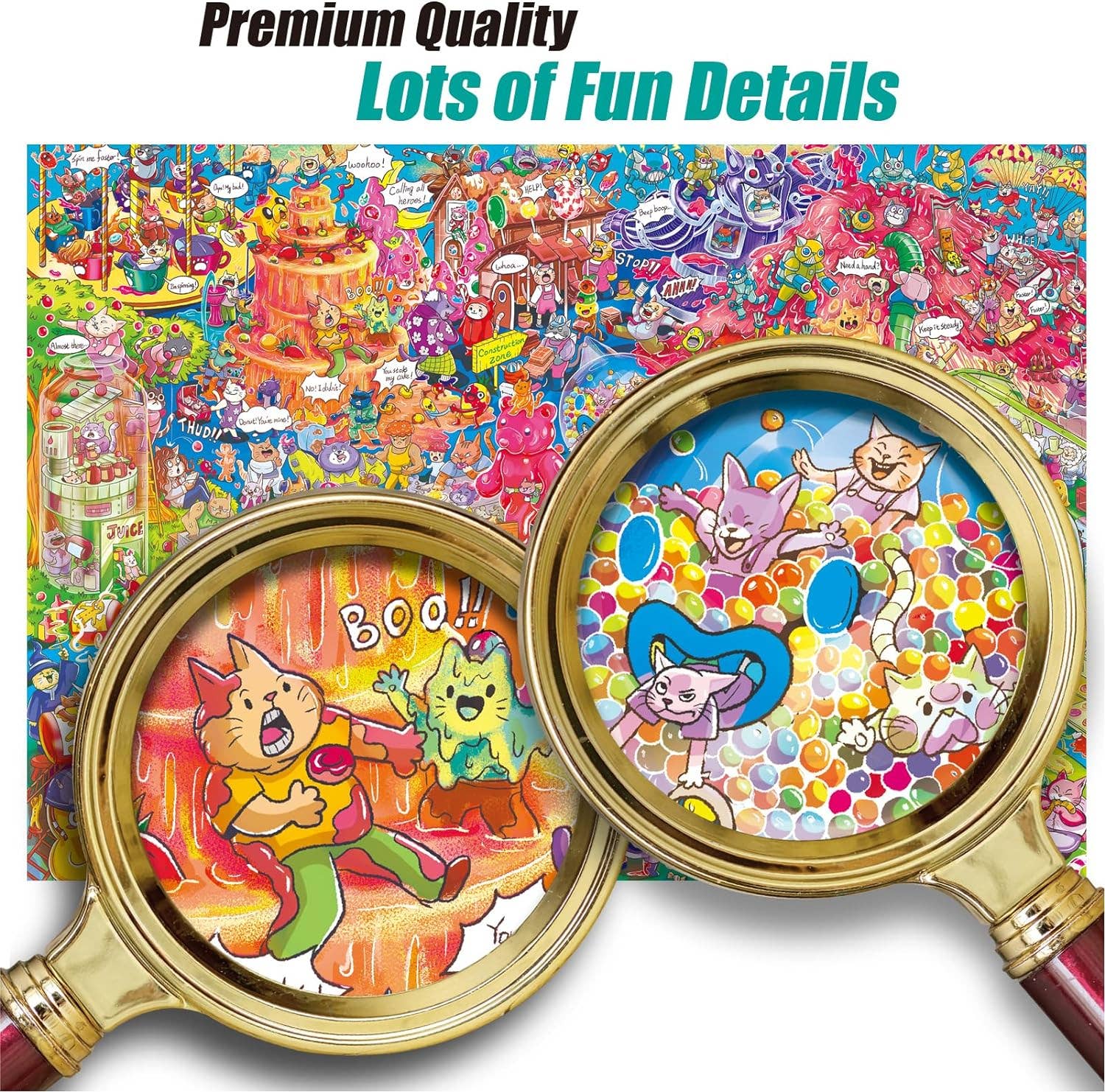 Catndyland 1000 piece jigsaw puzzle with magnifying glasses showing animal and character details.