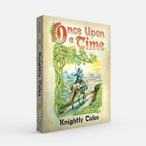 Once Upon a Time: Knightly Tales game with chivalry cards and knight on horseback shown.