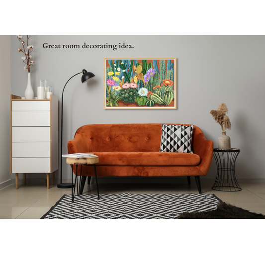 Whisper of Cactus“ puzzle art displayed above an orange sofa in a modern living room with a black-and-white rug.