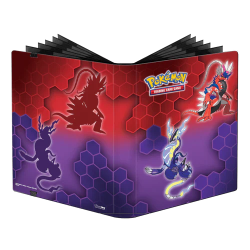 Binder PRO Pokemon 9-pocket binder, Kor and Mir variant with Koraidon and Miraidon on red and purple hexagon backgrounds.