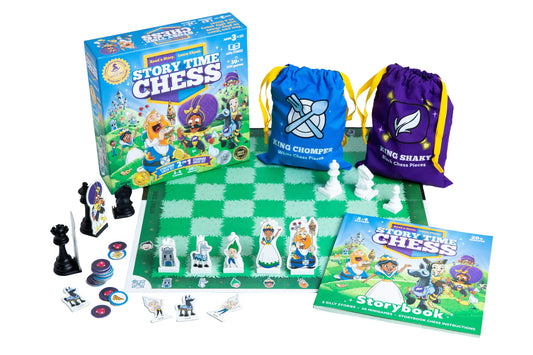Story Time Chess game set with board, chess pieces, tokens, and storybook for teaching children chess.