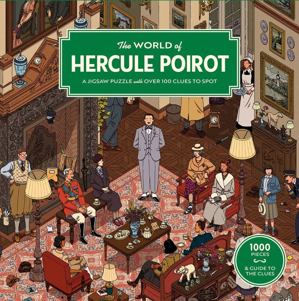 The World of Hercule Poirot Puzzle featuring Poirot and people in vintage dress in a lavish room.