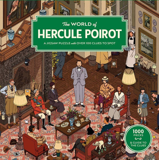 The World of Hercule Poirot Puzzle featuring Poirot and people in vintage dress in a lavish room.