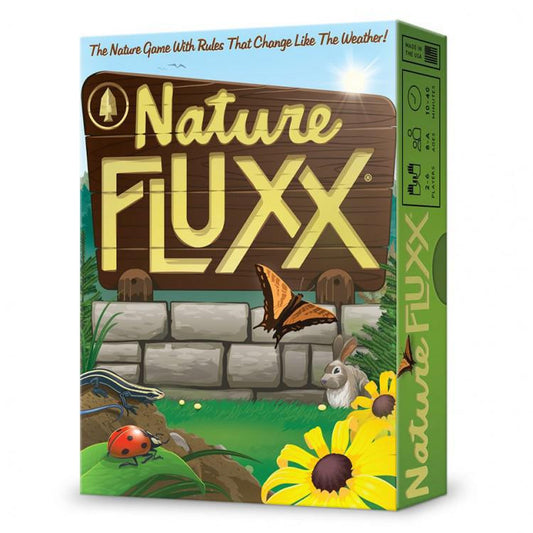 Nature Fluxx card game box with illustrations of a butterfly, rabbit, ladybug, and yellow flowers.
