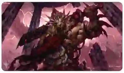 Brimaz, Blight of Oreskos Playmat (MOM) for Magic: The Gathering with armored, spiked creature among stone pillars.