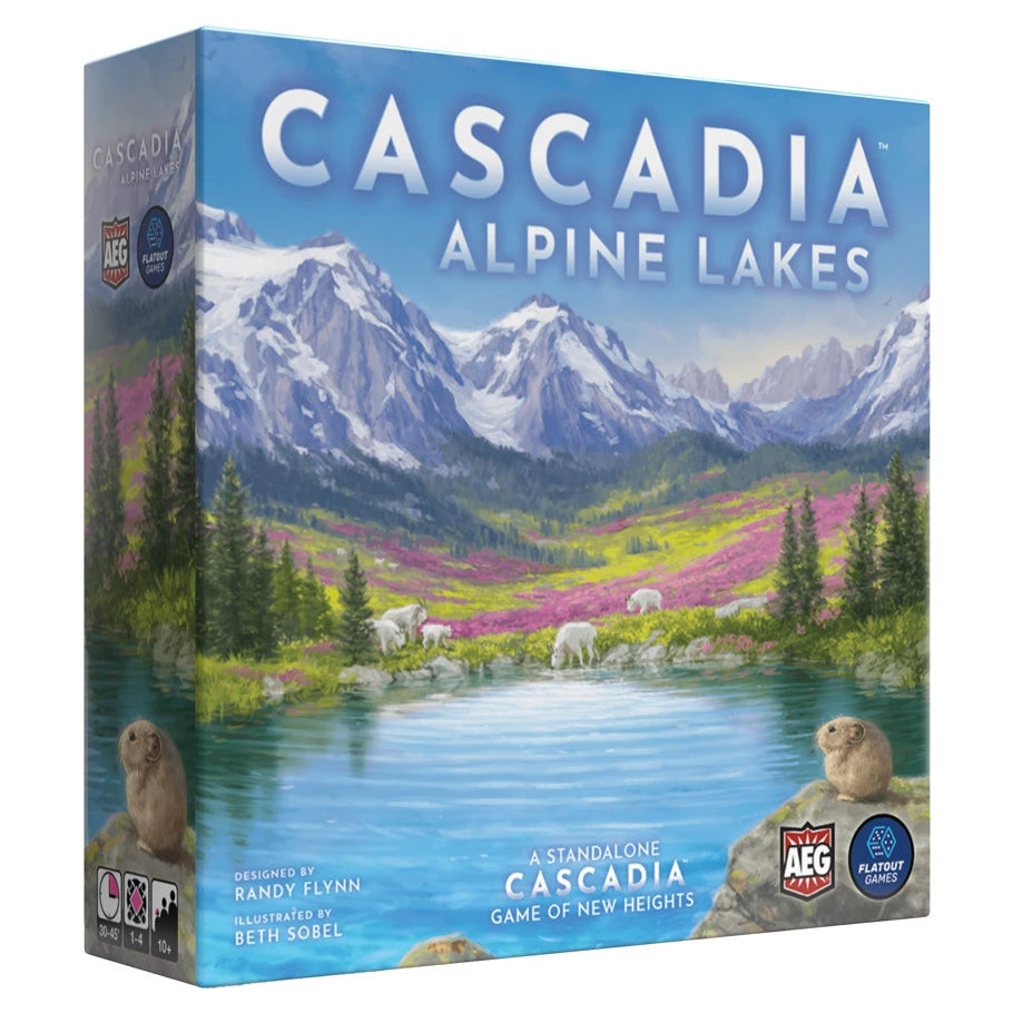 Cascadia: Alpine Lakes game box, featuring alpine mountain, lake, and mountain goat artwork.