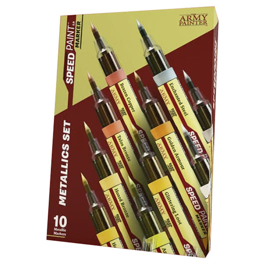 Speedpaint Markers: Metallics Set with 10 metallic Felt-Tech tip markers arranged diagonally in the box.