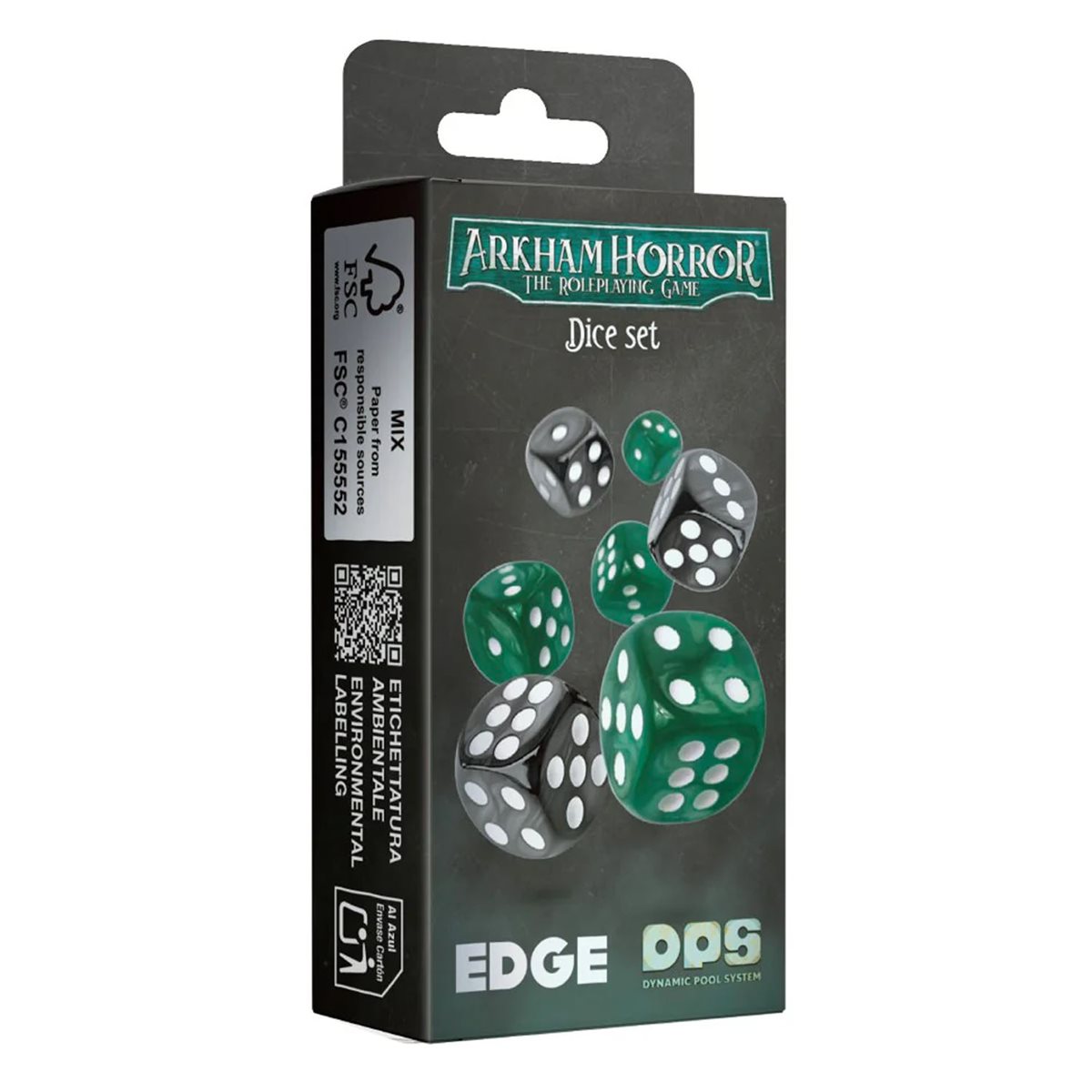 Arkham Horror RPG dice set featuring green and black dice for 1920s Lovecraftian board games.