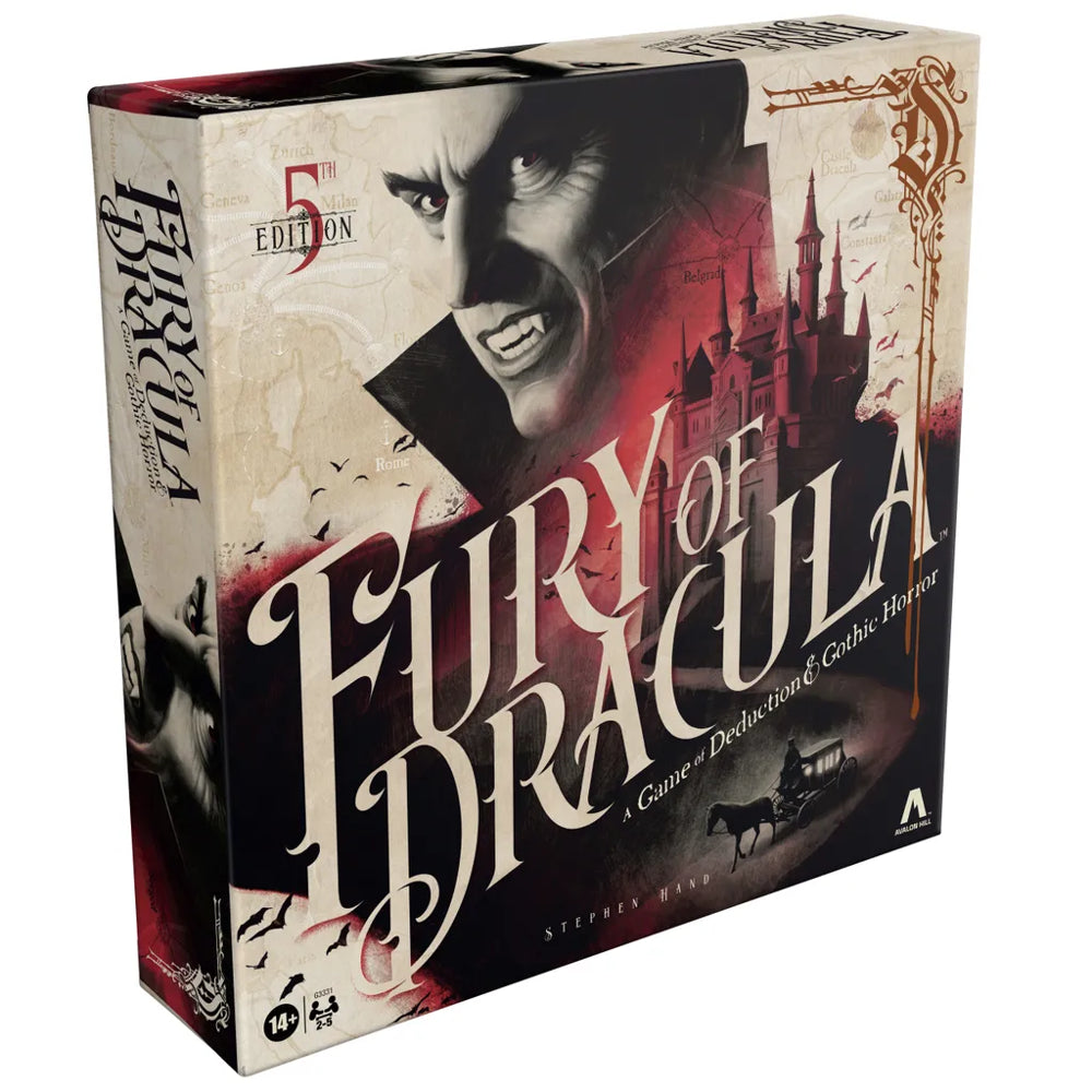 Fury of Dracula: 5th Edition board game box with Dracula’s face and a gothic castle in the background.
