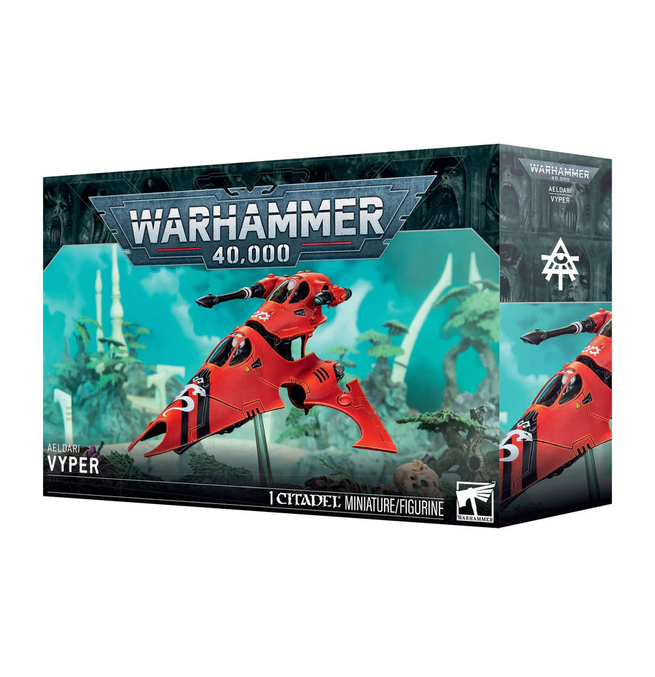 Warhammer 40,000 Aeldari Vyper jetbike model kit with red hovercraft miniature.
