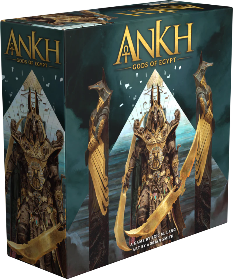 Ankh: 2nd Edition box featuring Egyptian gods in armor and miniature game figures.