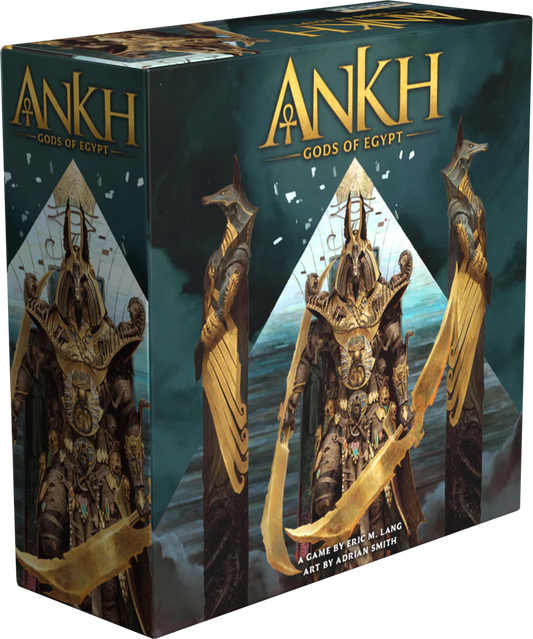 Ankh: 2nd Edition box featuring Egyptian gods in armor and miniature game figures.