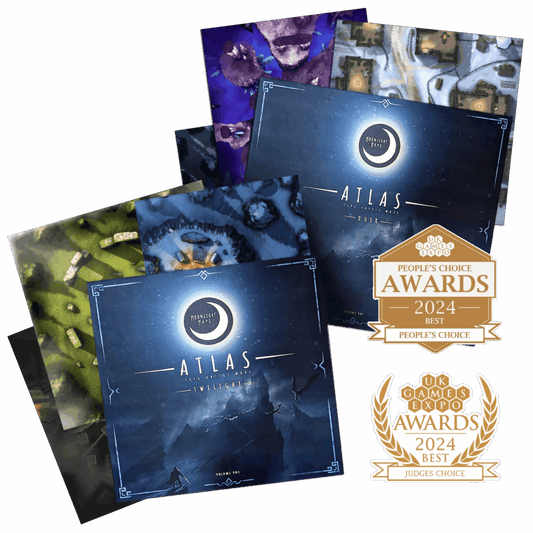 Four ATLAS Physical Map Packs for TTRPGs with two 2024 best game award badges.