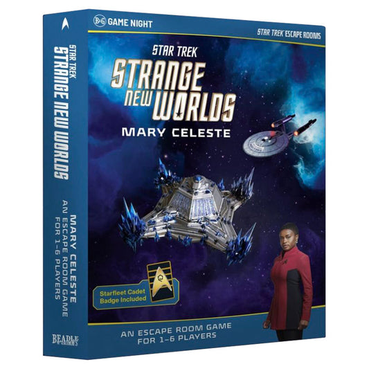 Star Trek Strange New Worlds: Mary Celeste Escape Room game box with spaceship, planet, and red-uniform character on cover.