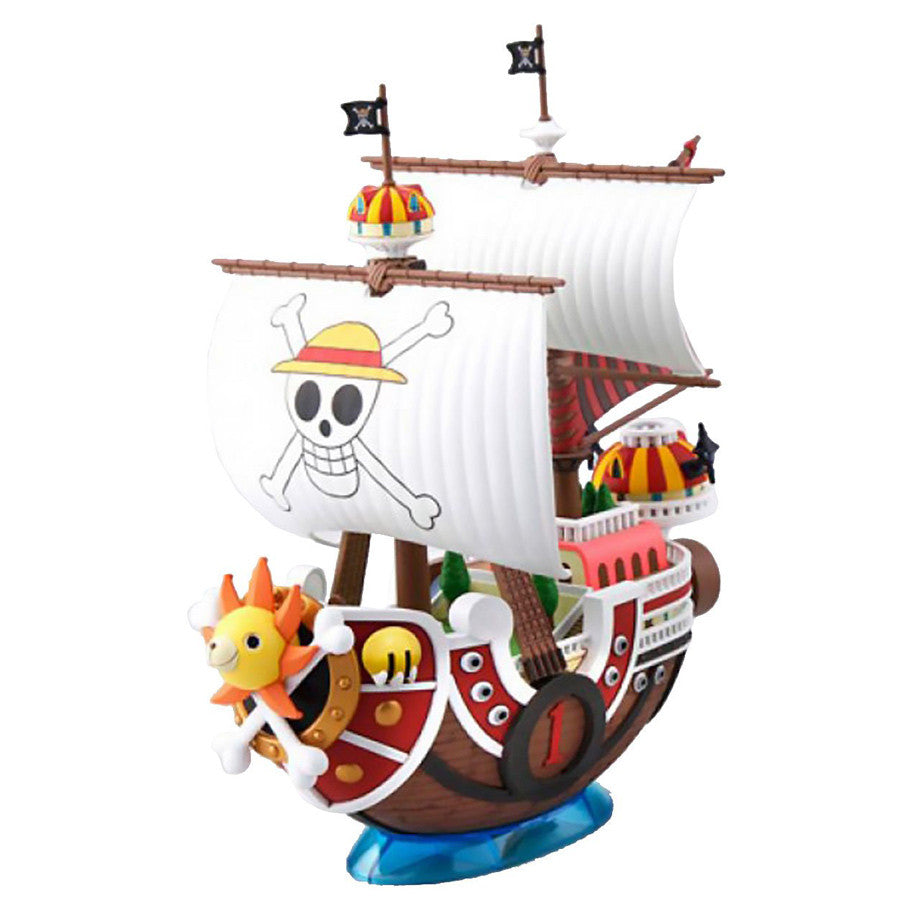 Thousand Sunny Grand Ship Collection model kit with white sails, skull flag, and lion figurehead.