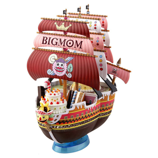 One Piece Grand Ship Collection Queen-Mama-Chanter model kit with red sails, cake, candy, and cartoon face details.