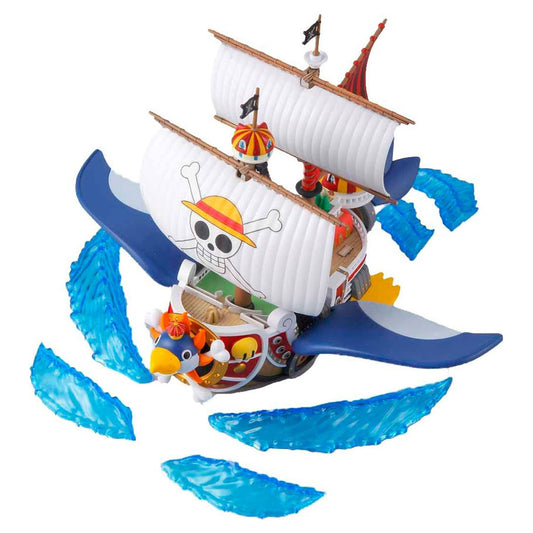 One Piece Grand Ship Collection Thousand Sunny Fly model kit featuring a cartoonish pirate ship with large sails.