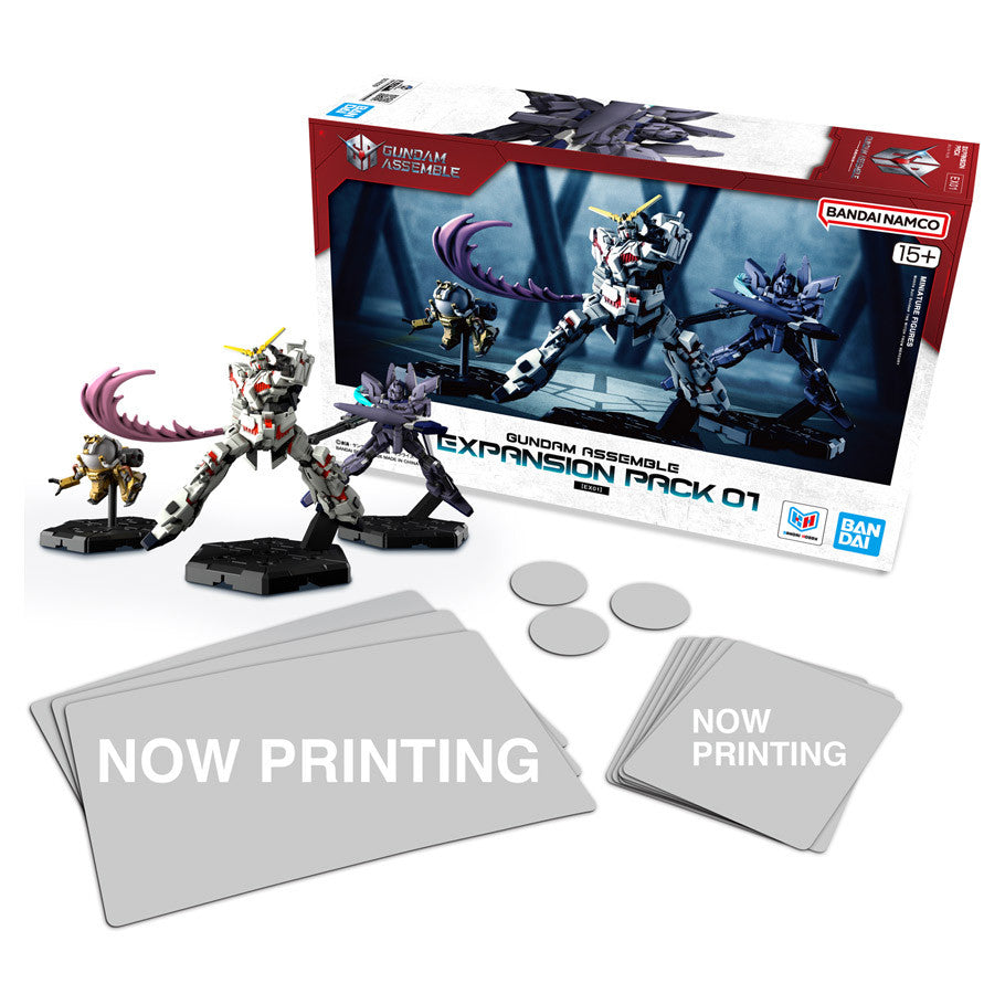 Gundam Assemble: Expansion Pack 1 with three mini figures, game tokens, and cards for miniature battles.