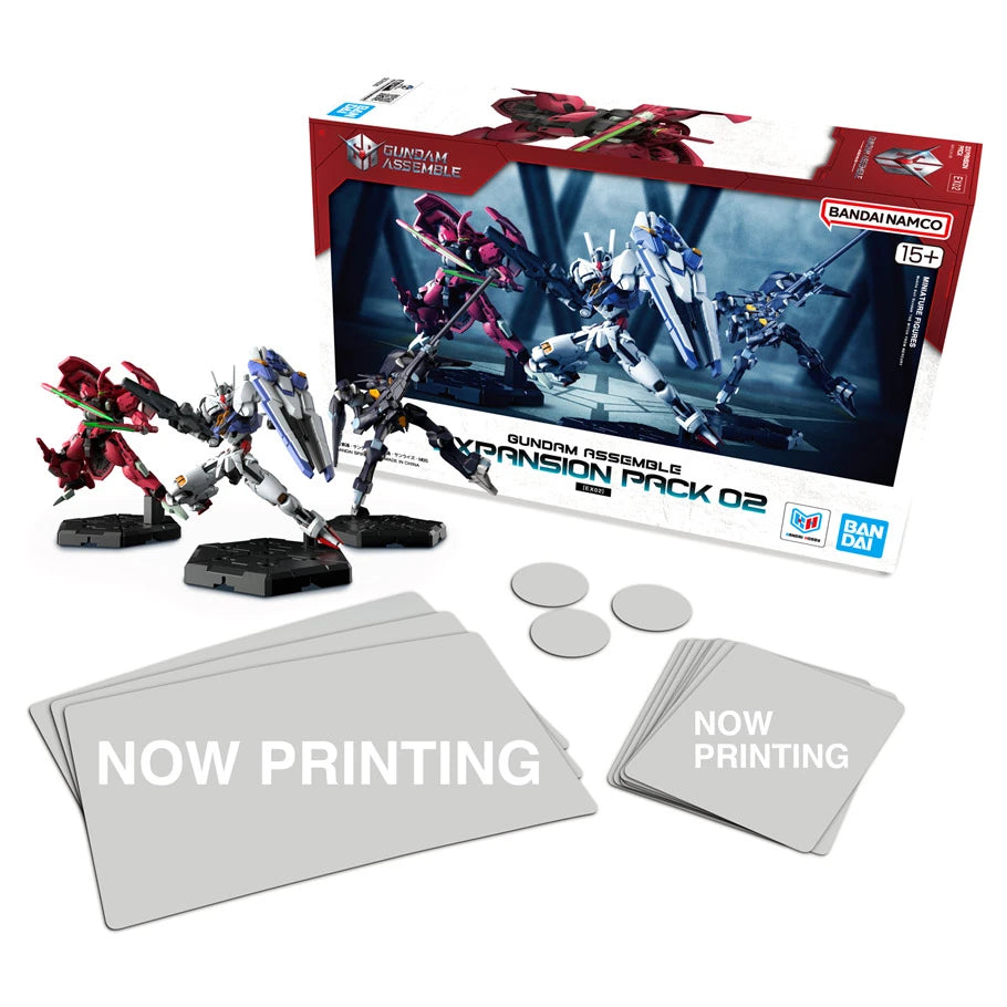 Gundam Assemble: Expansion Pack 2 with mech figures, Now Printing cards, and circular game tokens.