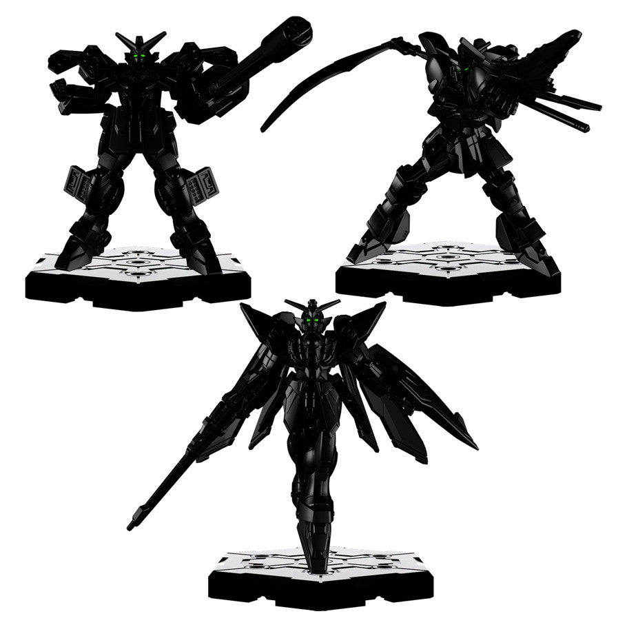 Three black Gundam Assemble: Expansion Pack 4 figures with green eyes, shown from multiple angles.