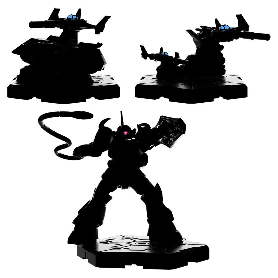 Gundam Assemble: Expansion Pack 3 with two tanks and one humanoid mini featuring glowing blue parts.