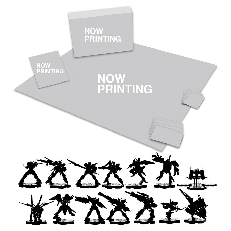 Gundam Assemble: Deluxe Set 2 with 13 Gundam miniatures, a base, and NOW PRINTING placeholders for cards and boards.