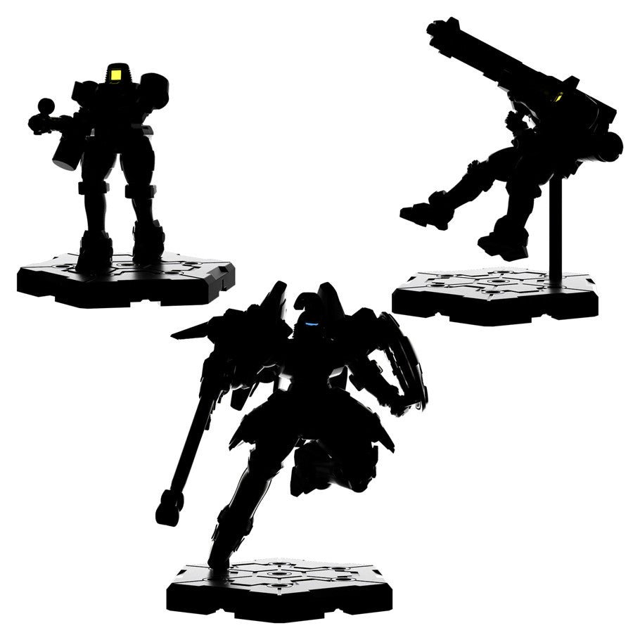 Three black mecha figures with glowing lights from Gundam Assemble: Expansion Pack 5.