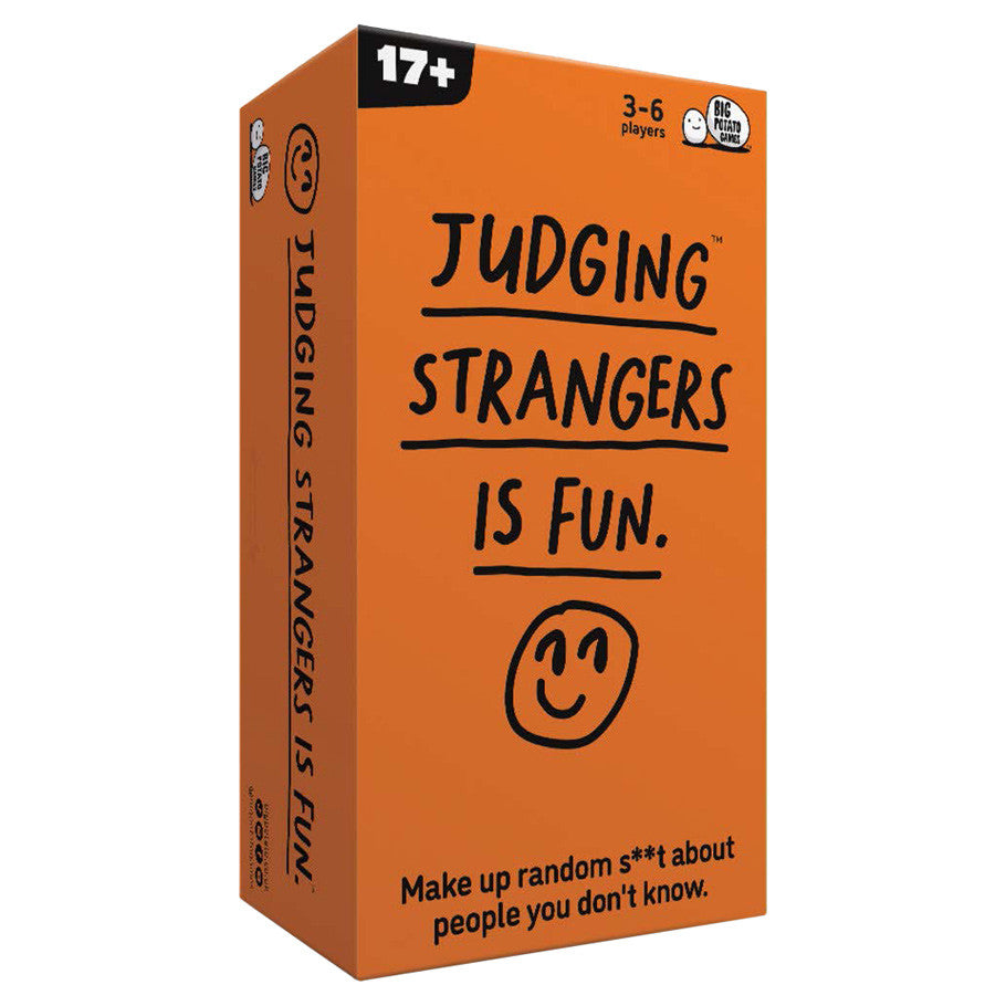 Judging Strangers Is Fun party game, ages 17+, 3–6 players, includes prompts, packaged in an orange box.