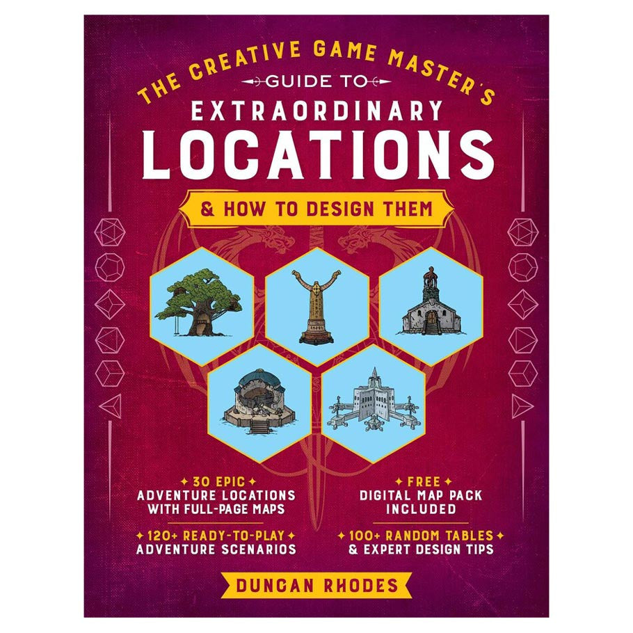Creative GMs Guide to Locations book cover with hexagon images for fantasy RPG settings.