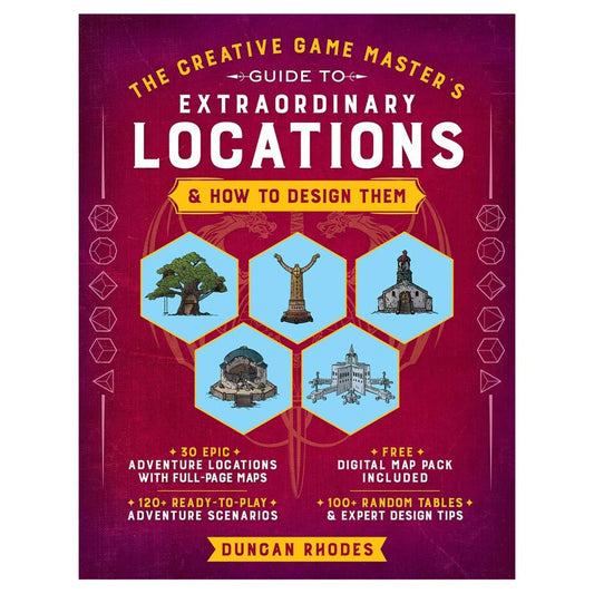 Creative GMs Guide to Locations book cover with hexagon images for fantasy RPG settings.