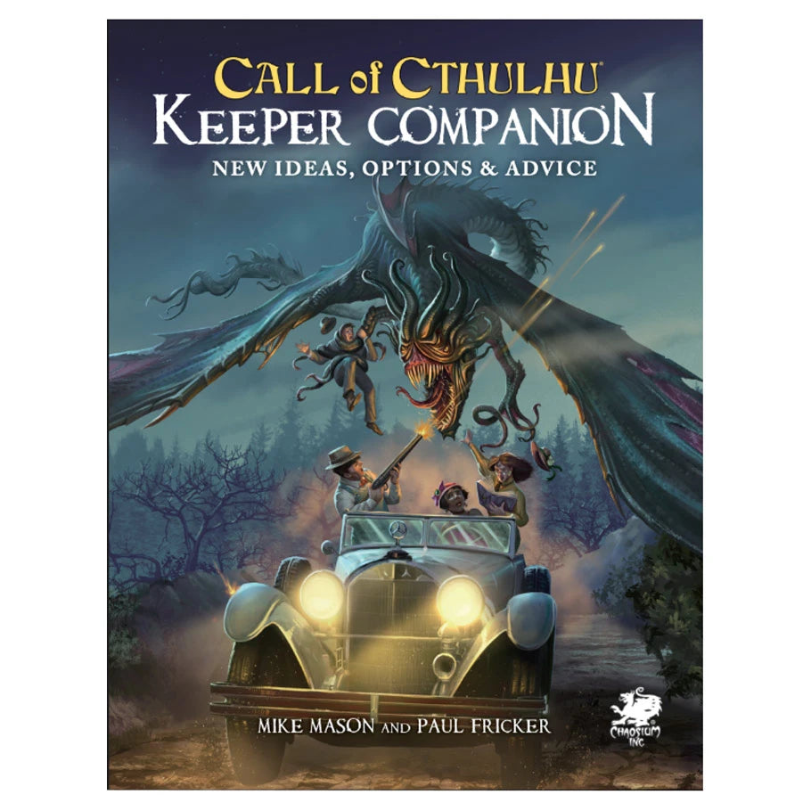 Call of Cthulhu: Keeper Companion illustration of three people fleeing a winged monster in a vintage car.