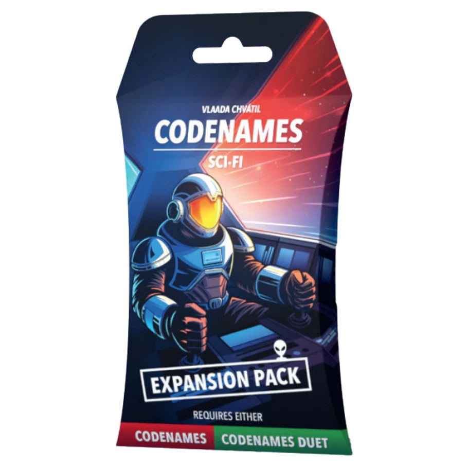 Codenames: Sci-Fi Expansion Pack board game with astronaut and spacecraft-themed design.